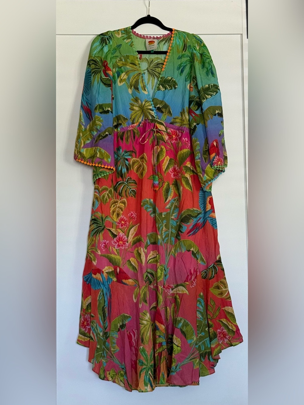 Farm Rio Ombre Forest Ruffle Tunic Dress Colorfull Tropical Maxi Dress Small